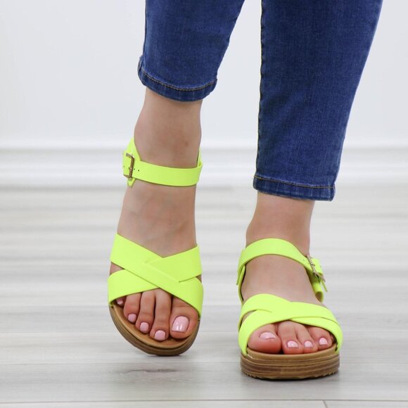 Neon Green Strappy Comfort Sandals Faux Nubuck - Picture 8 of 13